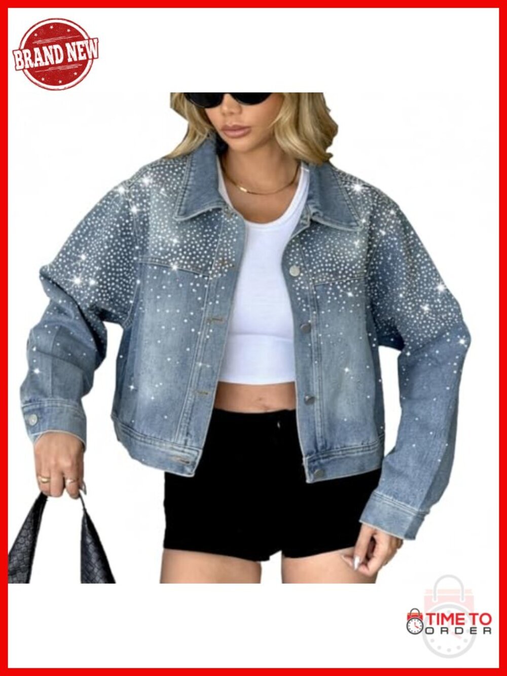 Rhinestone Embellished Crop Denim Jacket Button Down Boyfriend Jean Jacket